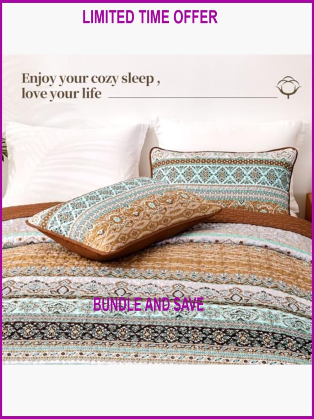 Queen Size Quilt Set, Lightweight Microfiber, Bohemian Pattern, All Season - Picture 4 of 7